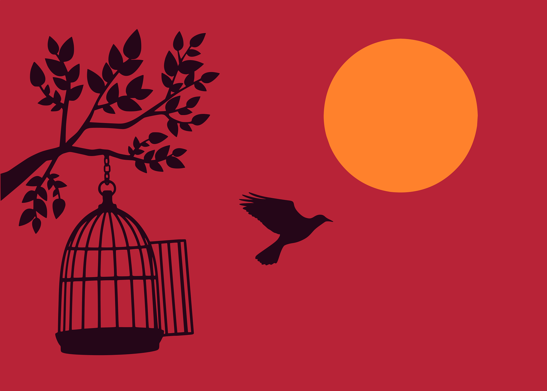 A graphic of a silhouette of a bird flying free from a cage with a sun against a red background.